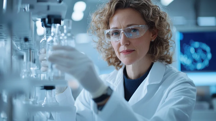A pharmacist in a lab mixing compounds, surrounded by advanced lab equipment, sterile environment