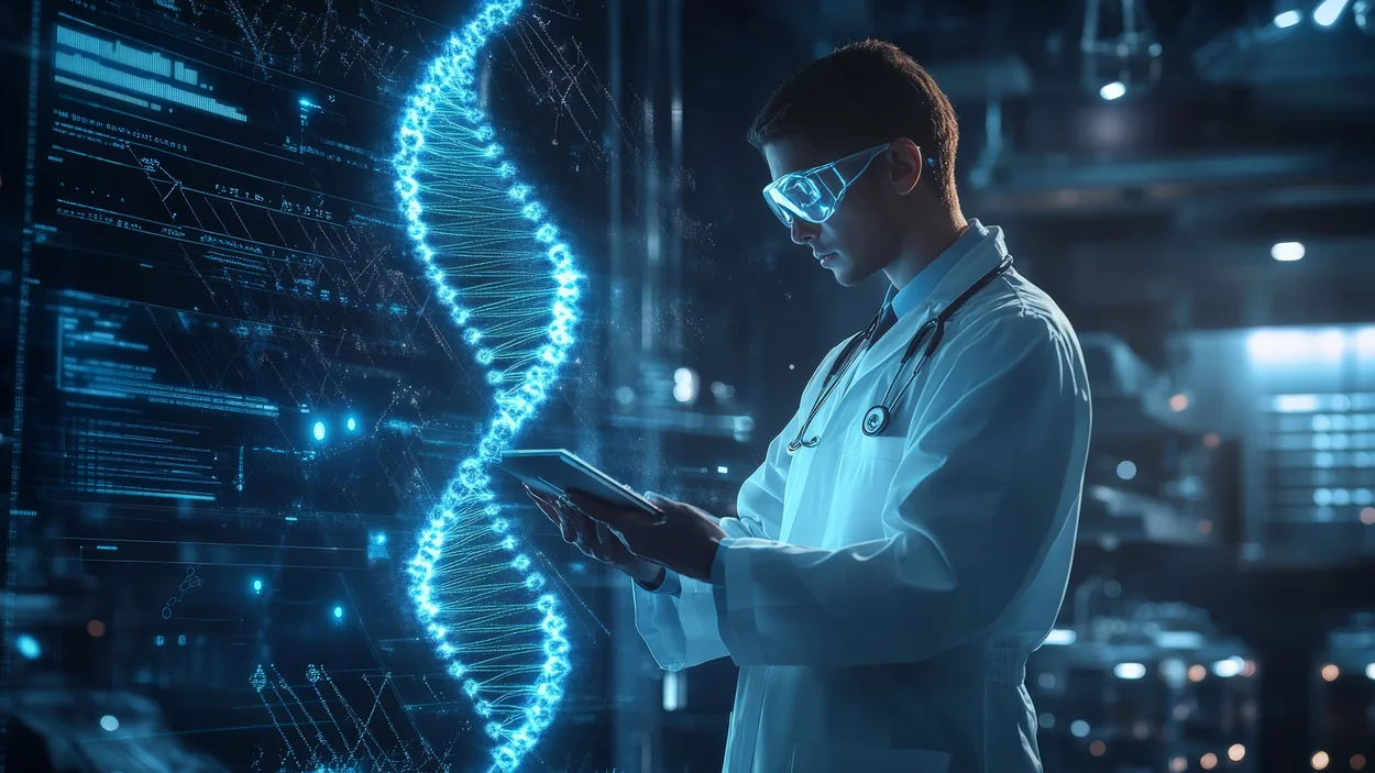 A doctor analyzing a glowing DNA helix on a tablet in a futuristic lab